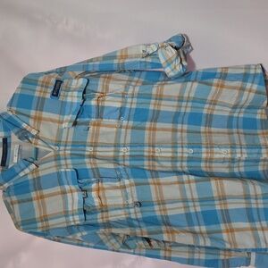 Columbia Super Bahama PFG Men's Blue Plaid Shirt Tab Sleeves Vented Sz M EUC